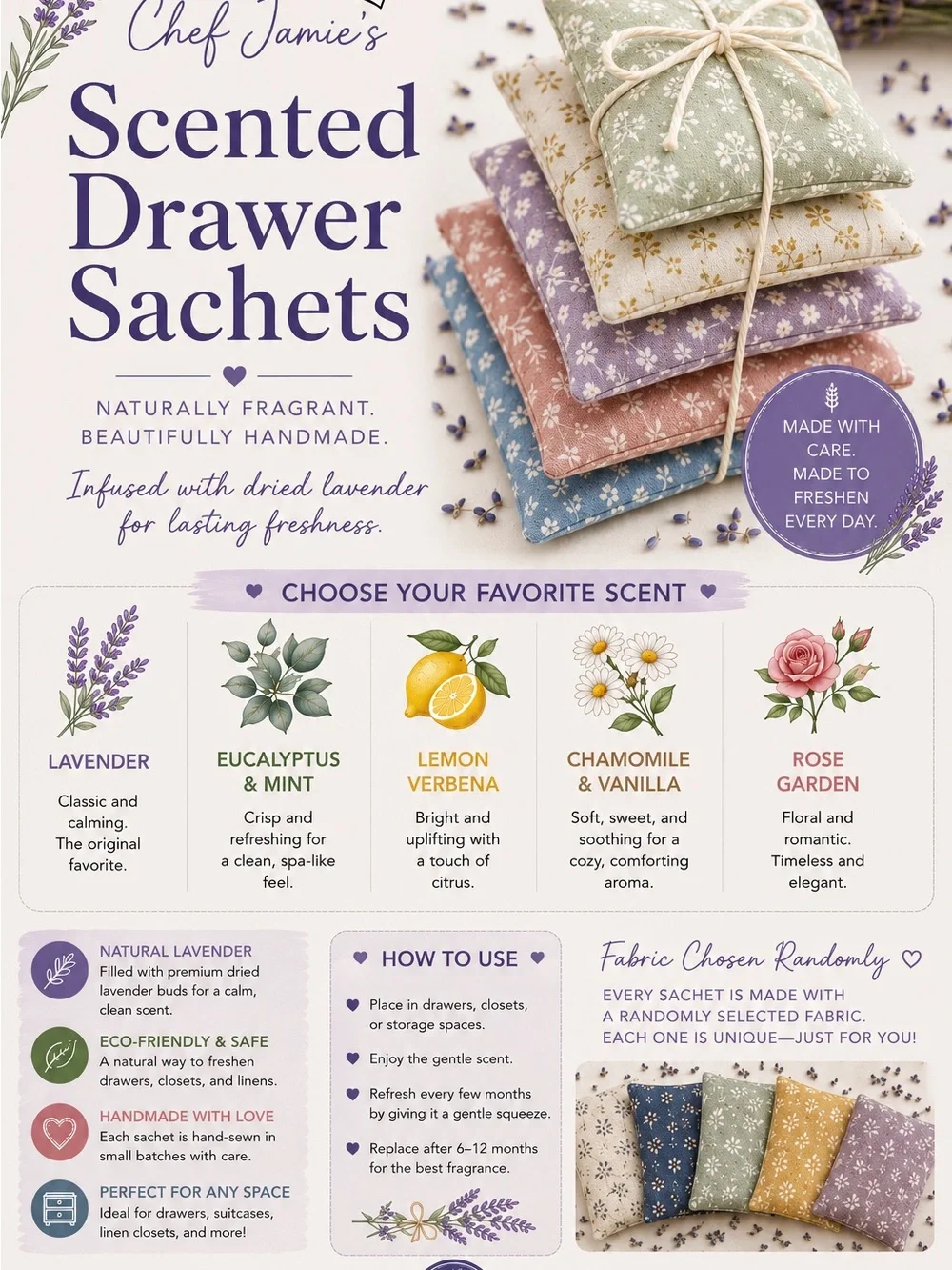 Scented Drawer Sachets - set of 3 random Sent & Colors